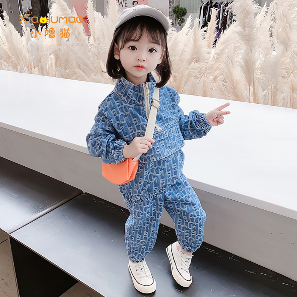 Kids Clothes Girls 2Pcs Jeans Suit Fashion Half Zipper&Packet Blue Letter Print Baby Set Long Sleeve Children's Costumes 3 To 8X1019
