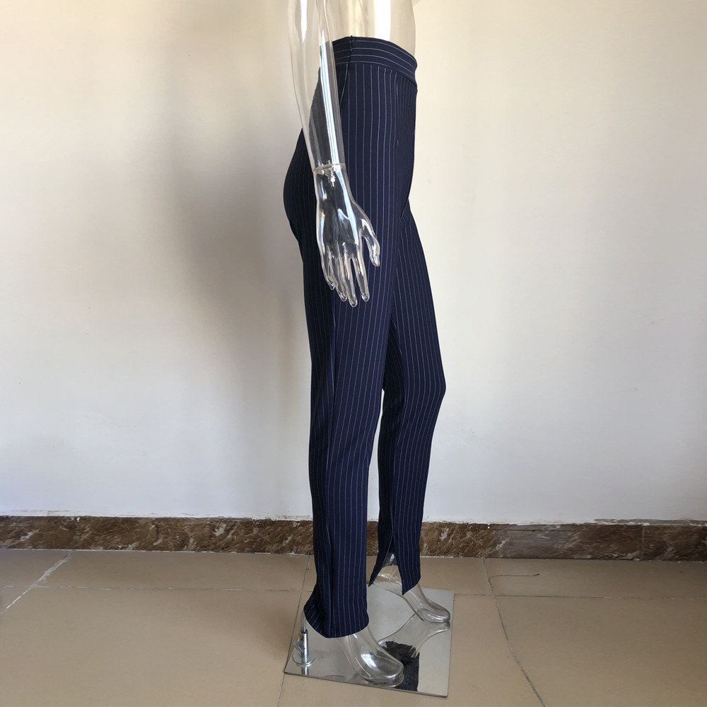 Xllais black and white striped pants Office lady high waist pencil Pants Low Slit Legging Slim Casual Elegant Work Wear 201106