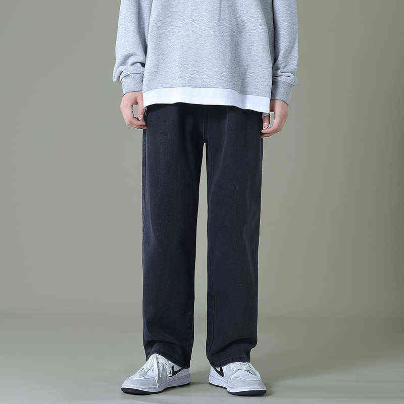 New Autumn Men Denim Wide-leg Pants Korean Style Straight Light Blue Baggy Jeans Elastic Waist Student Trousers Male Black Gray G0104