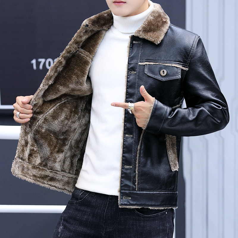 Winter Jacket Mens Vintage Black Leather Jacket Men Fur Lined Turn Down Collar Casual Coats Male Warm Thick Coat Plus Size 4XL 201127