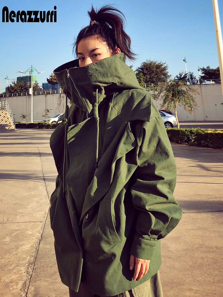 Nerazzurri Oversized armygreen black zip up trench coat for women with hood long sleeve Loose womens fashion windbreaker women 201111