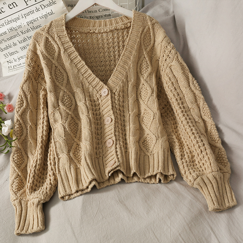 Autumn Winter Women's Sweater Korean Retro V-neck Thick Wool Twist Cardigan New Solid Color Short Female Knitted Coats LL813 201031