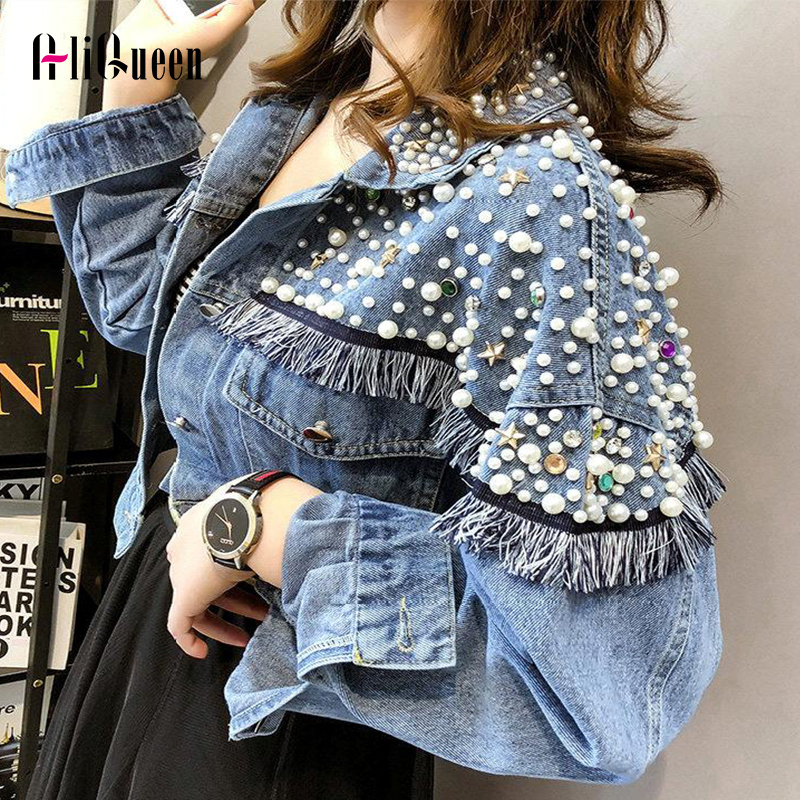 Chaquetas Mujer Autumn Streetwear Denim Jacket Women Hand-studded Pearls Punk Tassel Veste Femme Loose Short Jeans Coats 201106