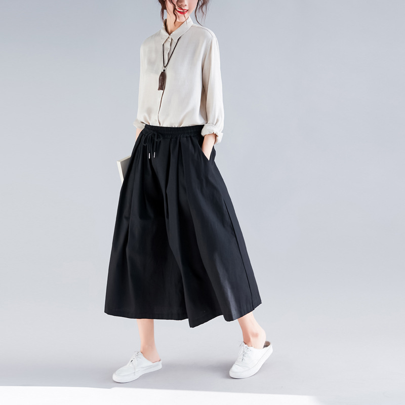 Johnature Solid Color Elastic Waist Tie Plus Size Pants 2019 Spring Pockets Casual Loose Linen Women CalfLength Wide Leg Pants T200319