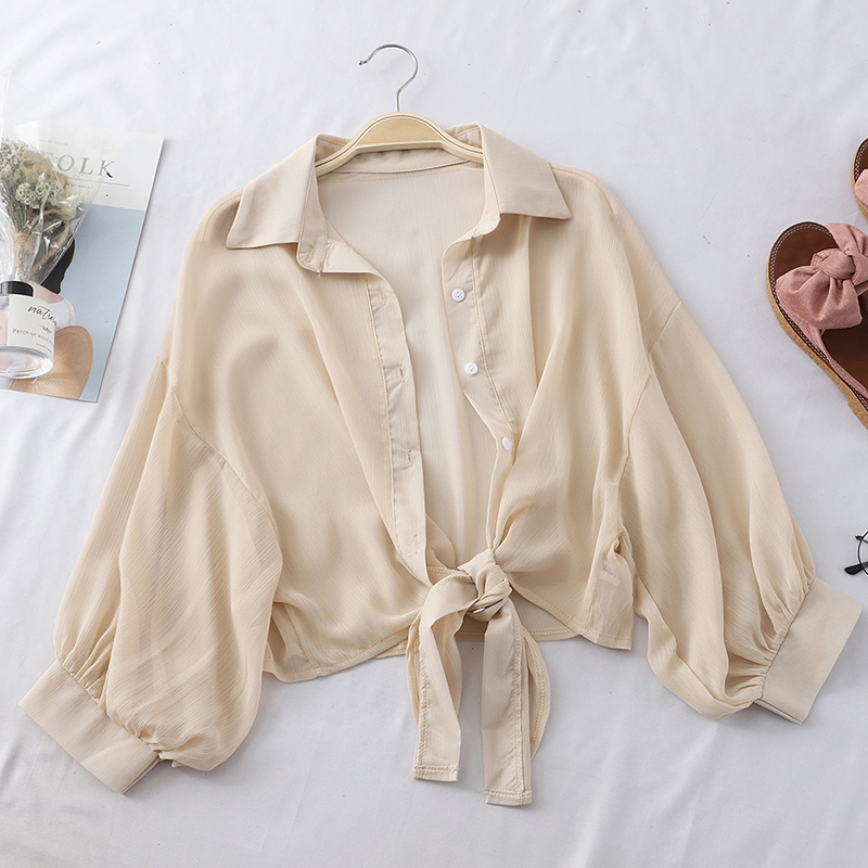 Lantern Sleeve Chiffon Shirts Women Summer Transparent Buttoned Up Shirt Top Tied Waist Elegant Women Blouses Cropped 220311