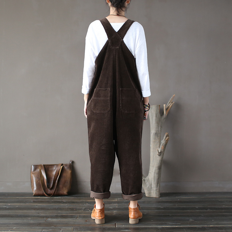 Cotton Corduroy Jumpsuit Women Loose Casual Fashion Bodysuit Autumn Vintage Strap Women Rompers Solid Black Green Brown T200303