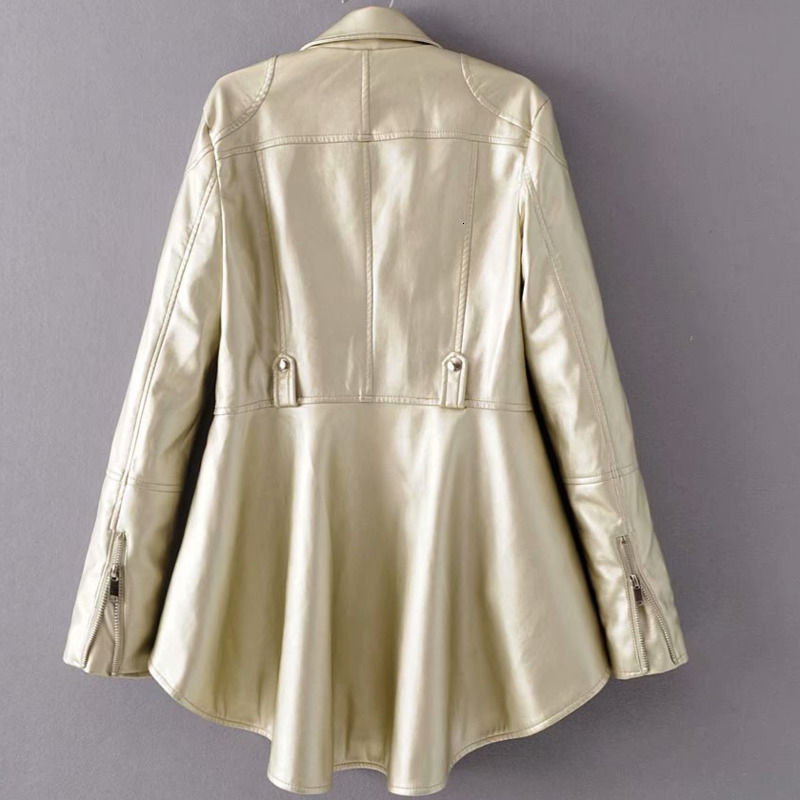 TWOTWINSTYLE Spring Woman Solid Color Long Sleeve Turn-down Collar Zippers Irregular Hem Loose PU Coat Jacket Fashion New 201023