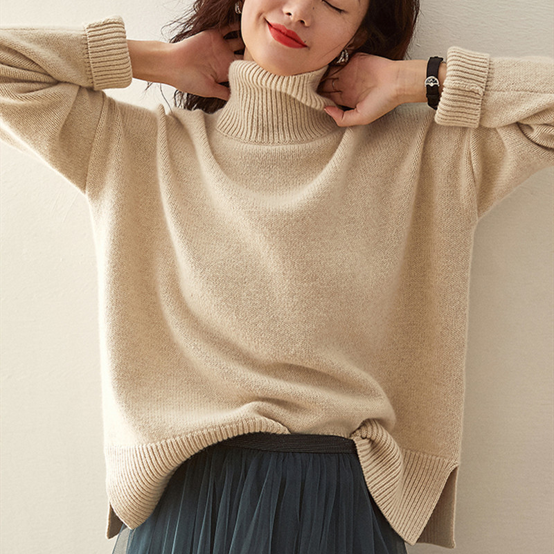 Cashmere sweater autumn and winter turtleneck women's fashion loose outer wear base knitted thick sweater 201223