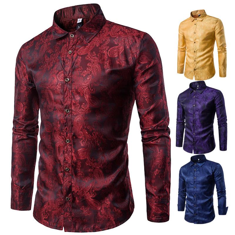 2021 Autumn Fashion Features Dark Print Men's Shirt Casual Lapel Long Sleeve Men's Shirt, Blue