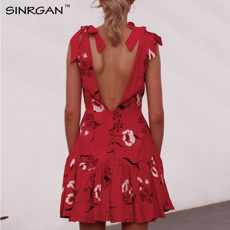 SINRGAN Sexy vneck red flower print boho women mini sundress beach summer Bow tie high waist wrap casual dresses T200604