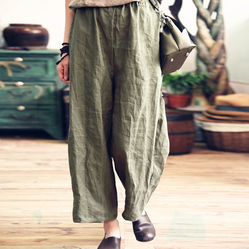 2019 Women Loose Long Pants Wide Leg Pants Cotton Linen Summer Casual Femme Pants Elastic Mid Waist Straight Harem Trousers T200319