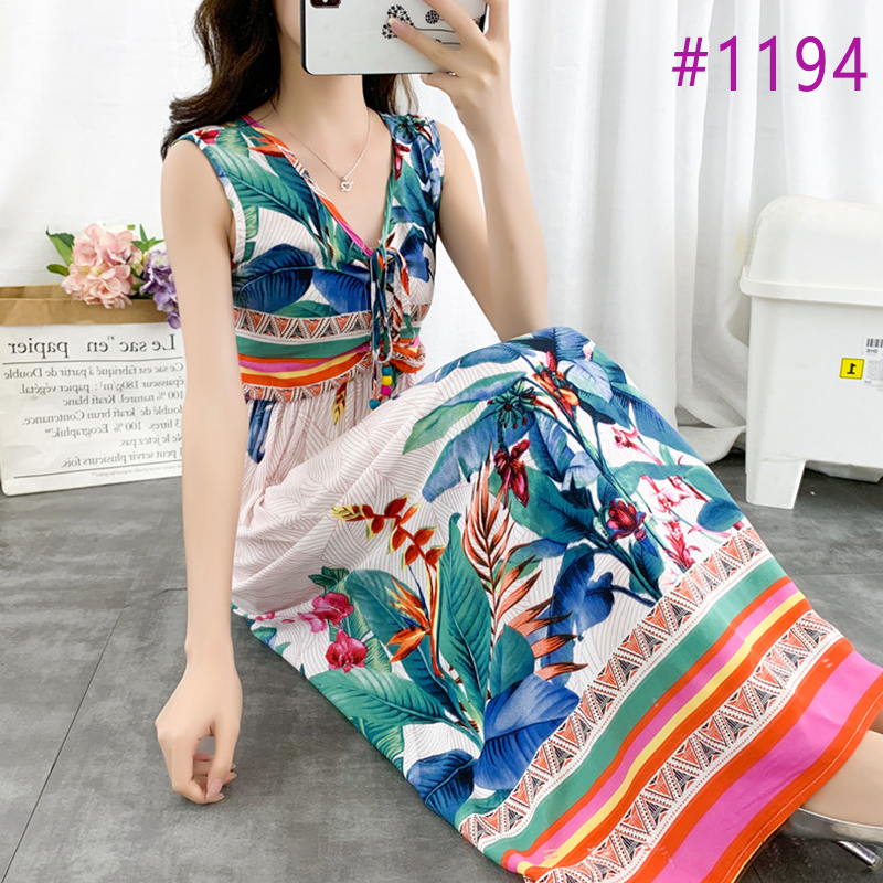 Vintage Women Summer Bohemian Dress Beach Boho Elegant Printed Dresses New Fashion Flower Loose Plus Size Sleeveless Dress T200604