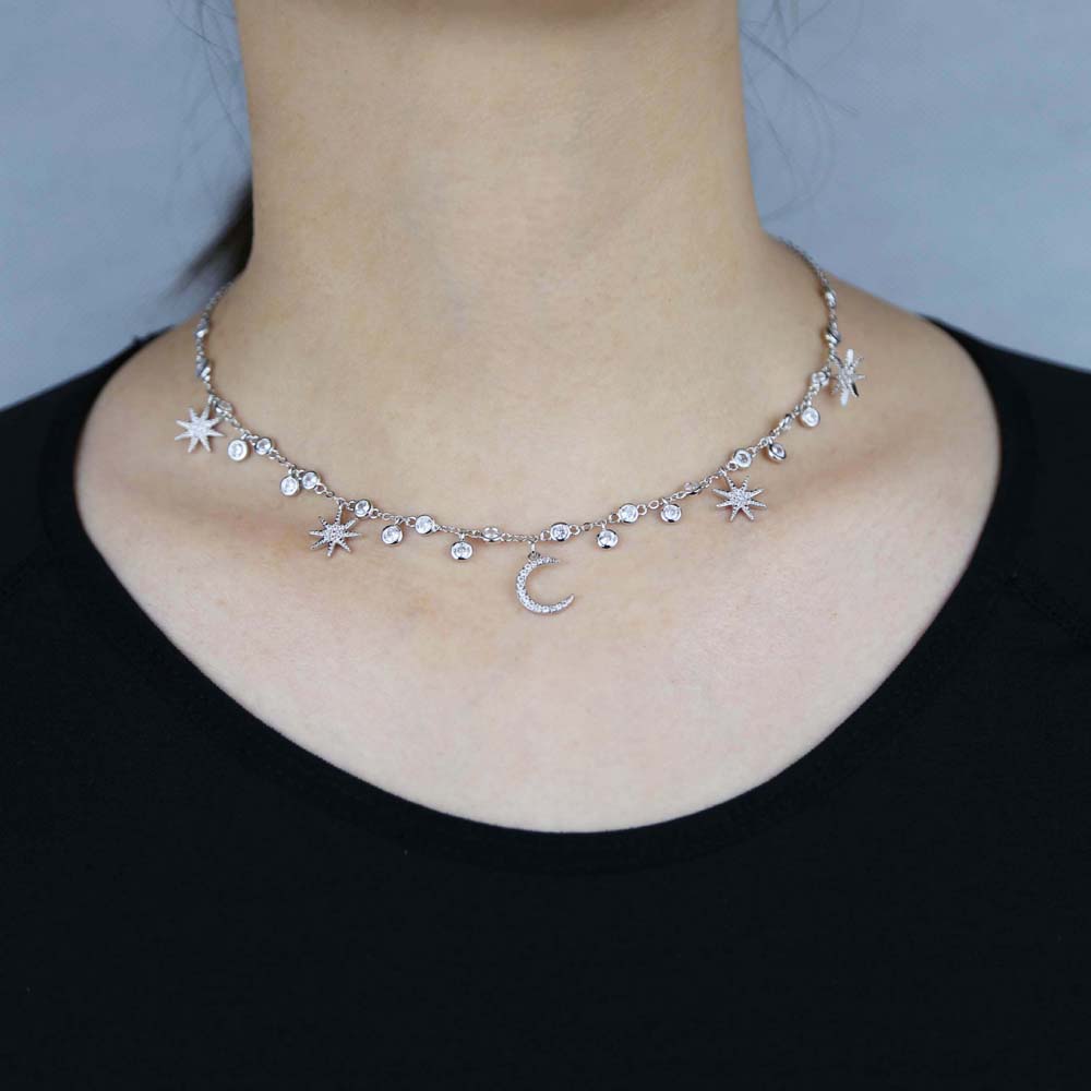2021 fashion trendy wedding necklace with cz paved geometric star moon dangle charm paved statement station choker necklace for women