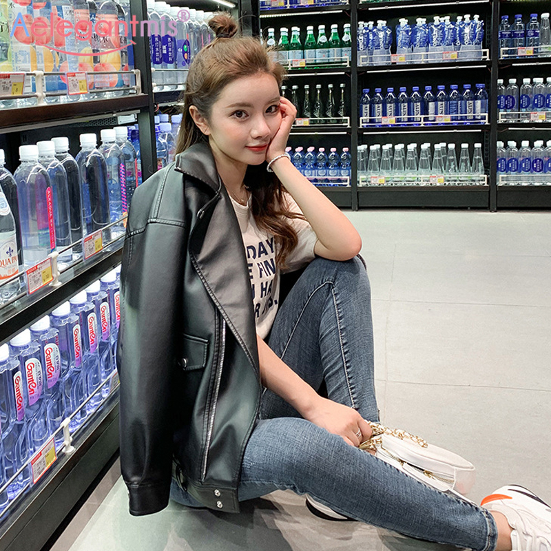 Aelegantmis Fashion Women Loose Motorcycle Faux Leather Jackets Ladies Long Sleeve Autumn Winter Biker Streetwear Coats 201028