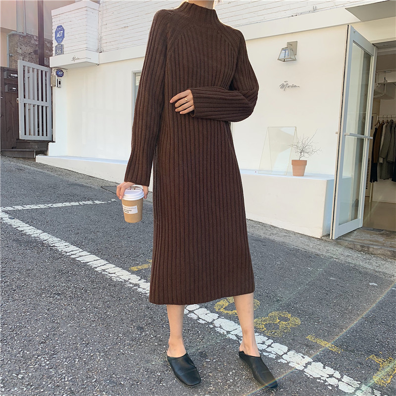 Women Winter basic Long Sweater Dress Turtleneck long sleeve Elegant solid color brief slim Knitted dresses pullovers 201125