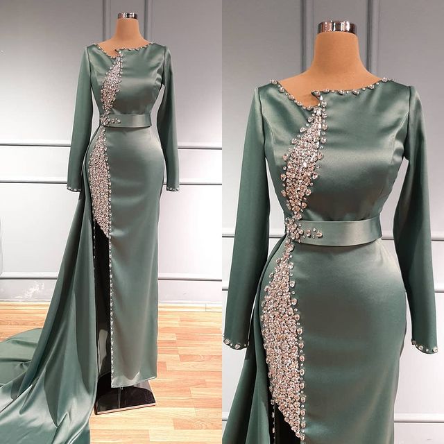 Aso Ebi 2020 Arabic Luxurious Crystals Sexy Evening Dresses Long Sleeves Prom Dresses Sheath Formal Party Second Reception Gowns ZJ446