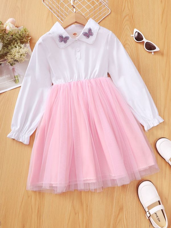 Girls Two Tone Butterfly Appliques Mesh Hem Dress SHE
