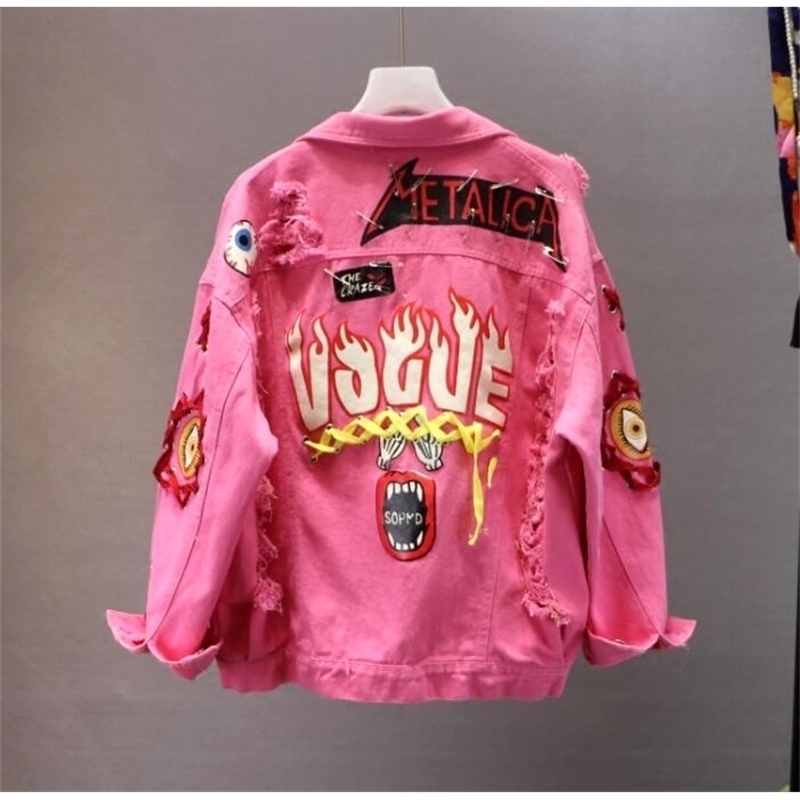 Red / Yellow Jeans Jacket New Spring Autumn Women's Graffiti Alphabet Printing Lace Bow Pin Hole Denim Coat Student Basic Coat 201124 
Red / Yellow Jeans Jacket New Spring Autumn Women's Graffiti Alphabet Printing Lace Bow Pin Hole Denim Coat Student Basic Coat 201124