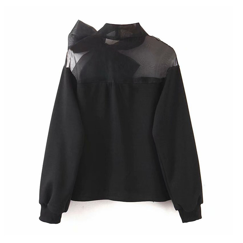 Sweet Organza Patchwork Blouse | Trendy Bow Tie Collar See-Through Top B2