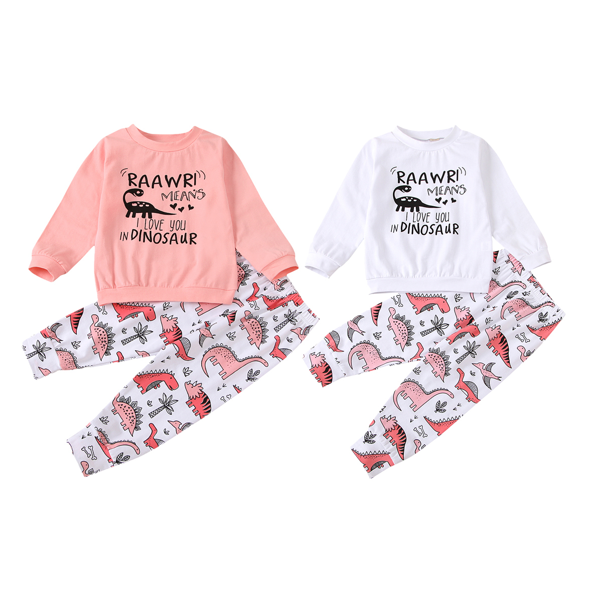 2020 Fall Spring Toddler Baby Girls Dinosaur Print Clothing Set Children Round Neck Long Sleeve Sweatshirt + Pants 0-4T Outfits Y1107