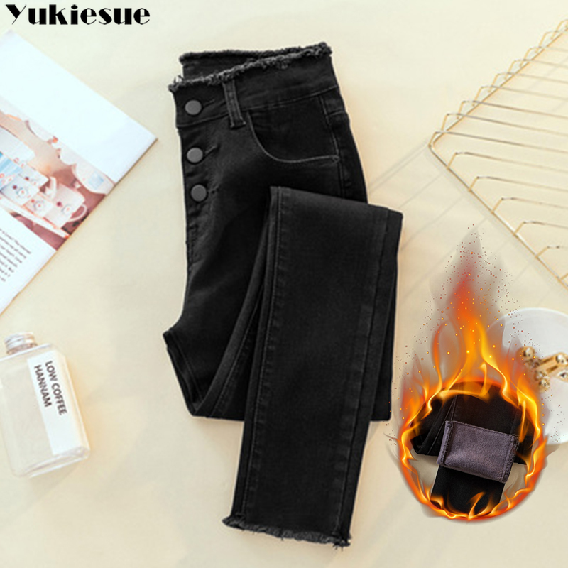 Women High Waist Velvet Thick Jeans Female Winter Skinny Stretch Warm Jean Pants Mom Black Denim Trousers With Fleece 210203