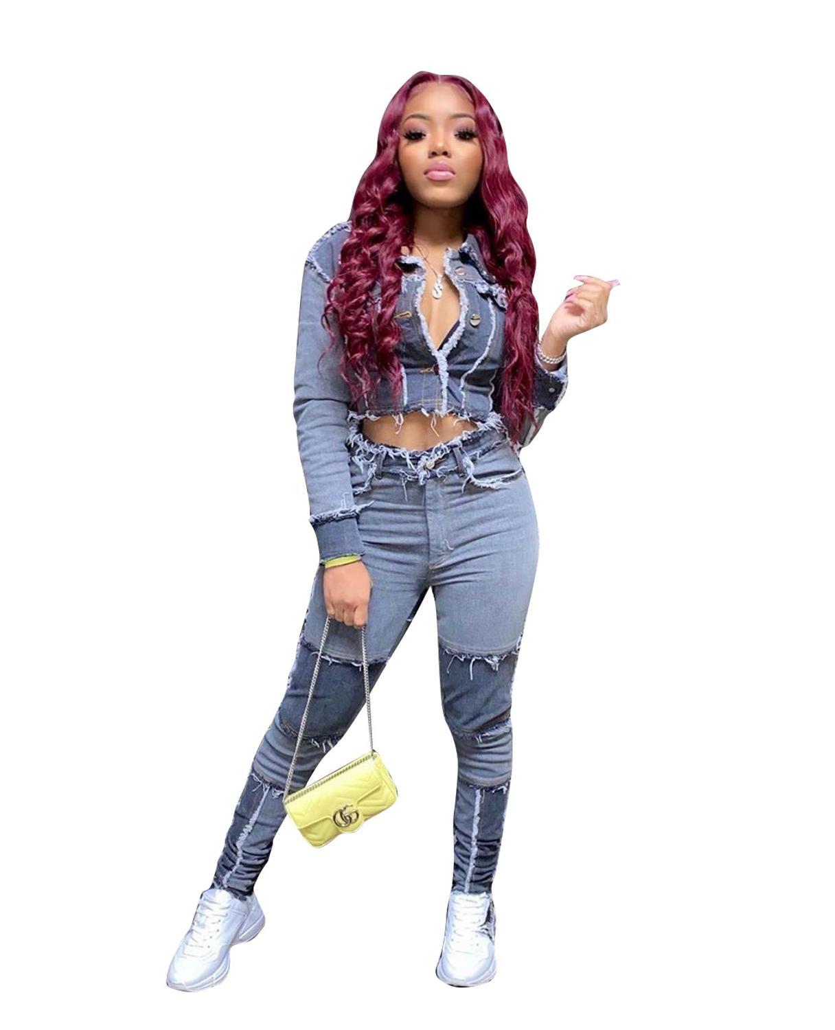 CM.YAYA Active Wear Women Denim Patchwork Jackets Jeans Pants Suit Tracksuit Two Piece Matching Set Fitness Outfits 201008