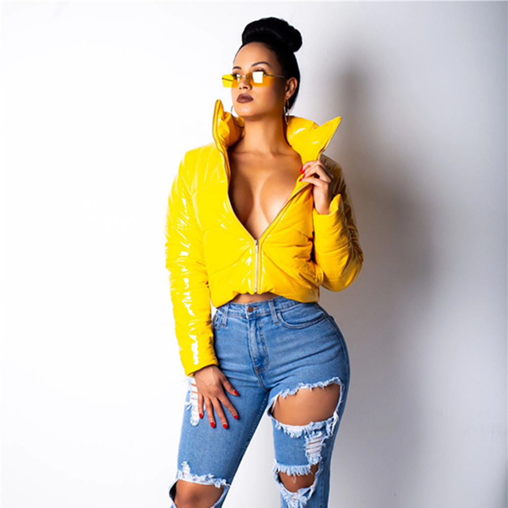 Helisopus Winter Glossy Leather Jacket Women Plus Size Zipper Waterproof Warm Puffer Jacket Outerwear Casual Bubble Short Coat 201026