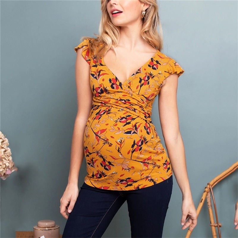 Nursing Top Women Maternity Fly Sleeve Floral Print Nursing Tops T-shirt For Breastfeeding Ropa Para Embarazada Pregnancy Shirt LJ201123