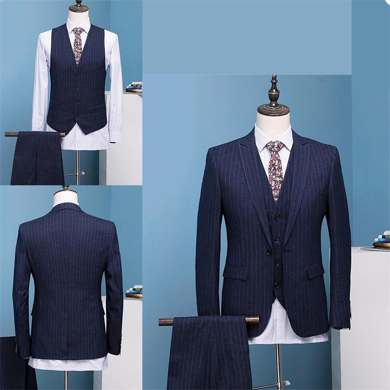 Handsome Pinstripe Men Suits Three Piece (Coat+Vest+Pant) Wedding Tuxedos Retro Peak Lapel Double-Breasted Formal Tailored Suit For Best Man