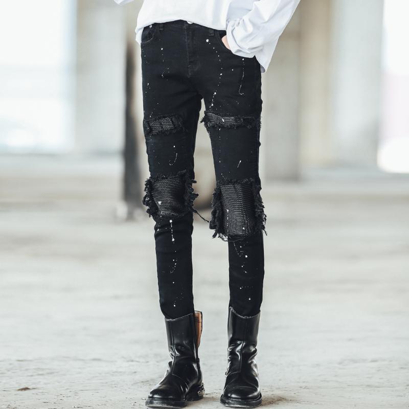Men's Breaking Hole Jeans Slim Painting Splicing Casual Hip Hop Punk Style Jeans Pants, Black
Men's Breaking Hole Jeans Slim Painting Splicing Casual Hip Hop Punk Style Jeans Pants, Black