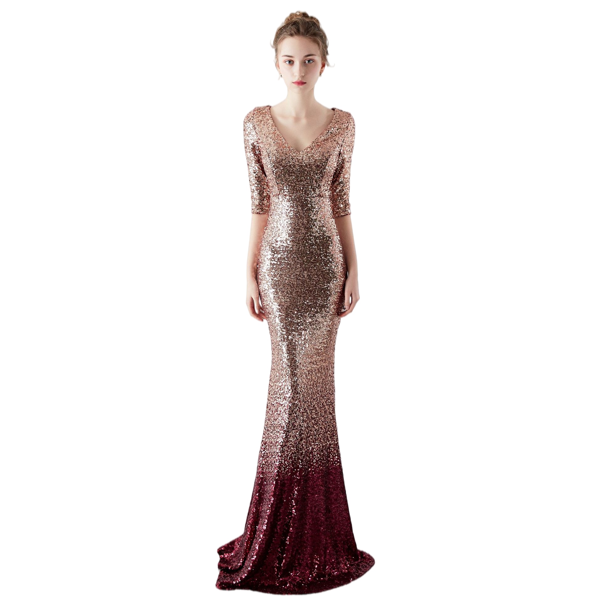 Bling Sparkly Mermaid Evening Party Dresses Long Sleeve Two Tone V-neck Half Sleeve Prom Gown luxurious Engagement dress