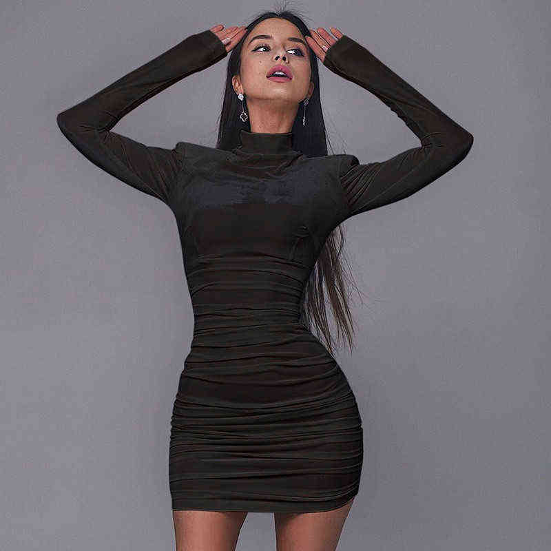 CNYIHSE Sexy Bodycon Velvet Mini Dres Autumn Long Sleeve High Neck Party Dresses Female Velvet Sheath Dress Robes Vestido 211221