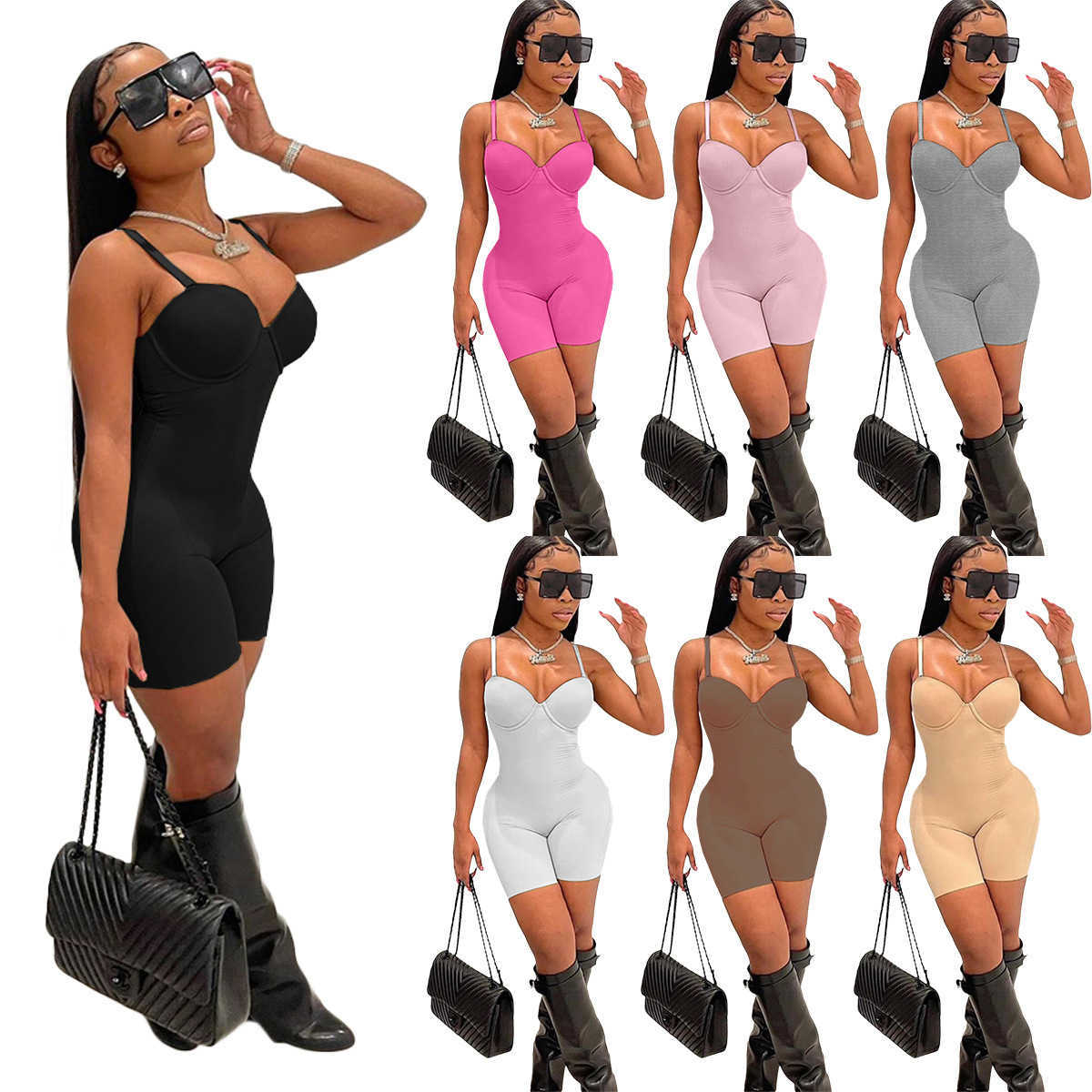 Women jumpsuits Clothes 2023 summer wear new sexy low chest suspender high waist slim fit bag hip conjoined shorts