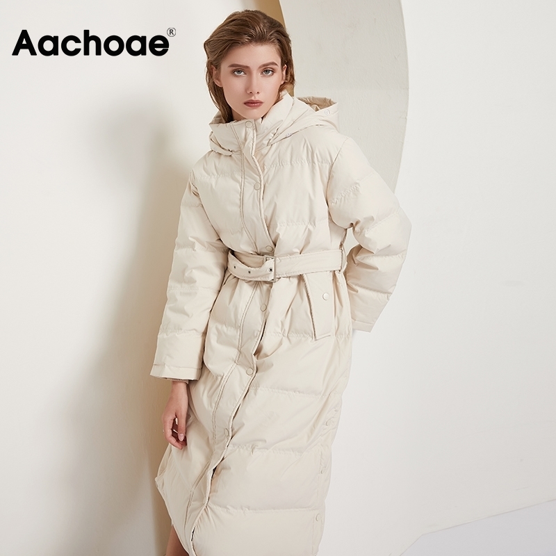 Aachoae Women 90% White Duck Down Long Coats With Belt Winter Thick Warm Hooded Coat Parka Female Outwear Down Jacket 201029