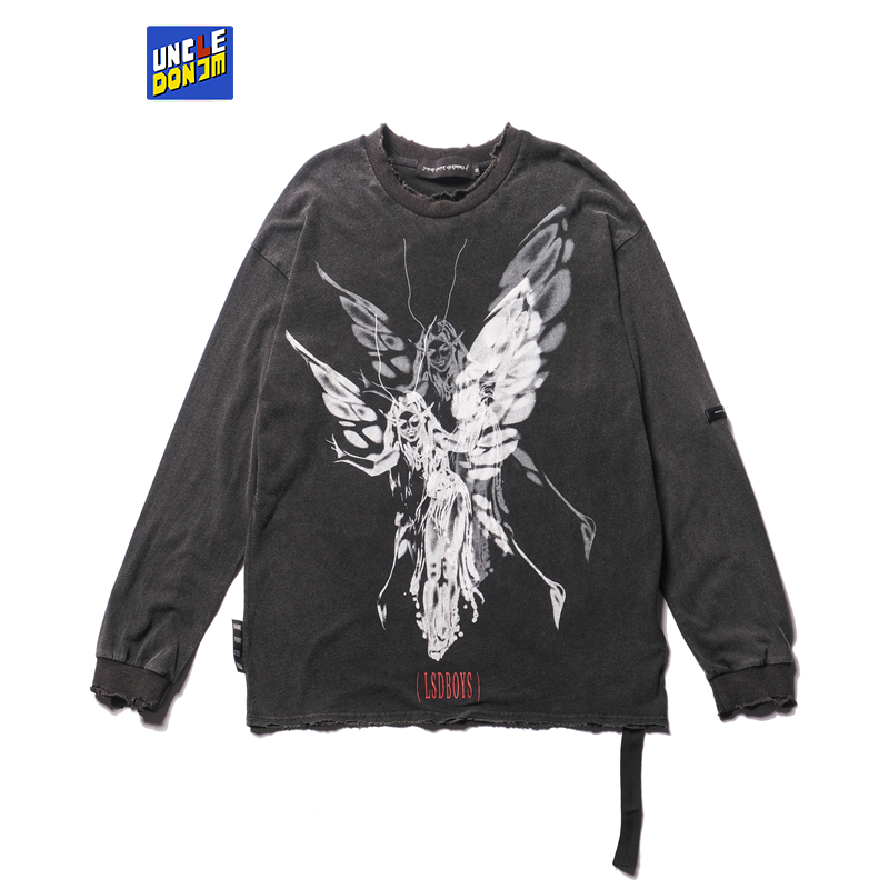 UNCLEDONJM Graphic t shirs Damaged vinage Hip Hop Long sleeve shir oversized shir Sreewear Harajuku Ripped Tees 220309