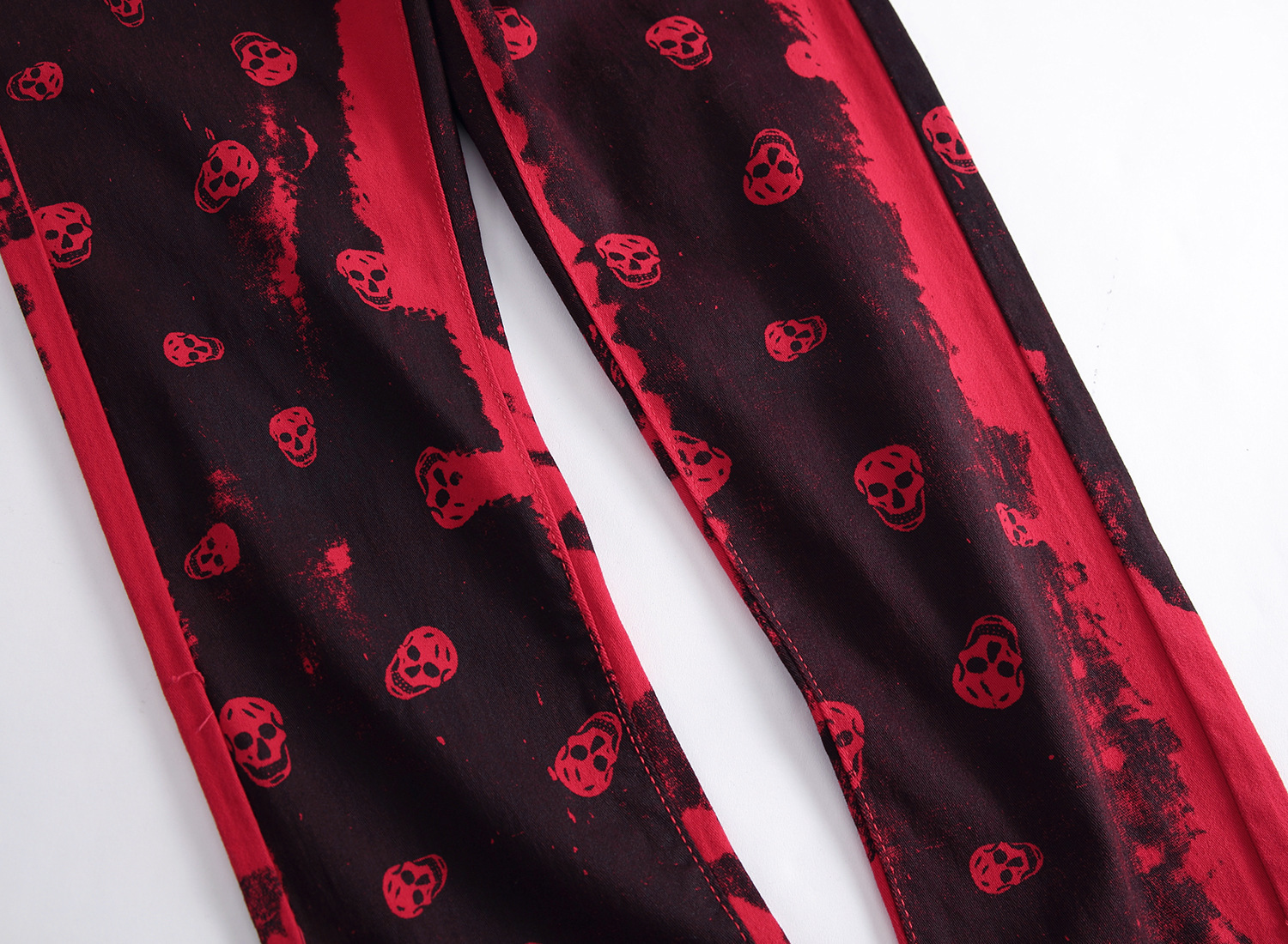 Autumn Men's Fashion Skeleton Skull Printed Night Club Personality Jeans Male Slim Fit Red Denim Pants Long Trousers,9001 201223