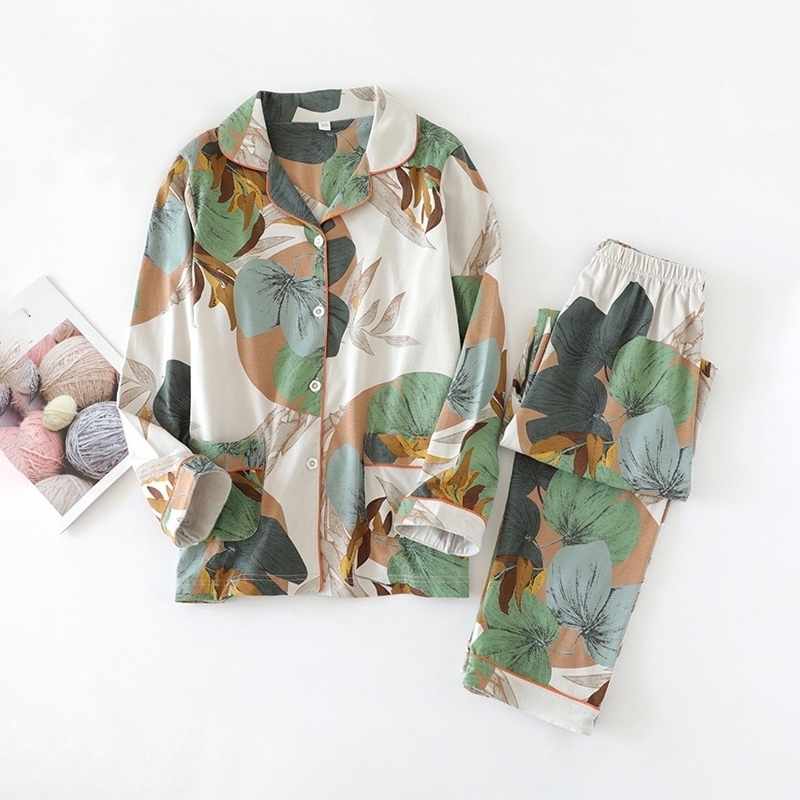 Spring and summer new ladies 100% cotton pajamas autumn cotton ladies long sleeve trousers suit home service knitted suit 201027