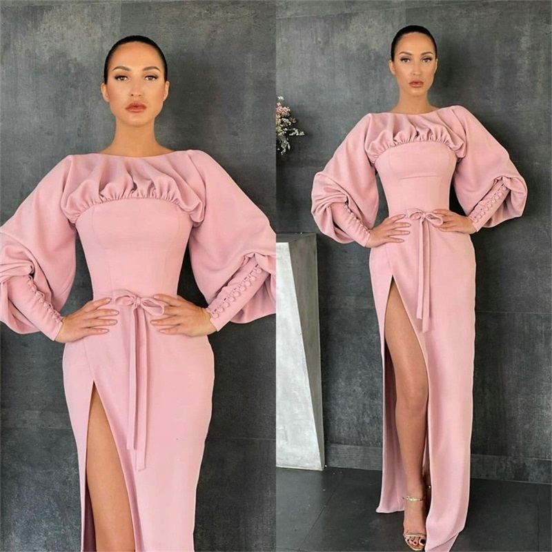Side Split Prom Dresses Elegant Satin Button Long Sleeves Mermaid Evening Dress Ruched Formal Pageant Dress Custom Made Sweep Train