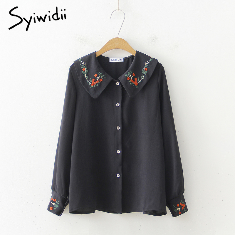 Vintage Embroidery Floral Blouses for Women Shirts 2021 Spring Chiffon Blouse White Black Lantern Long Sleeve Shirts Cute 90s 201125