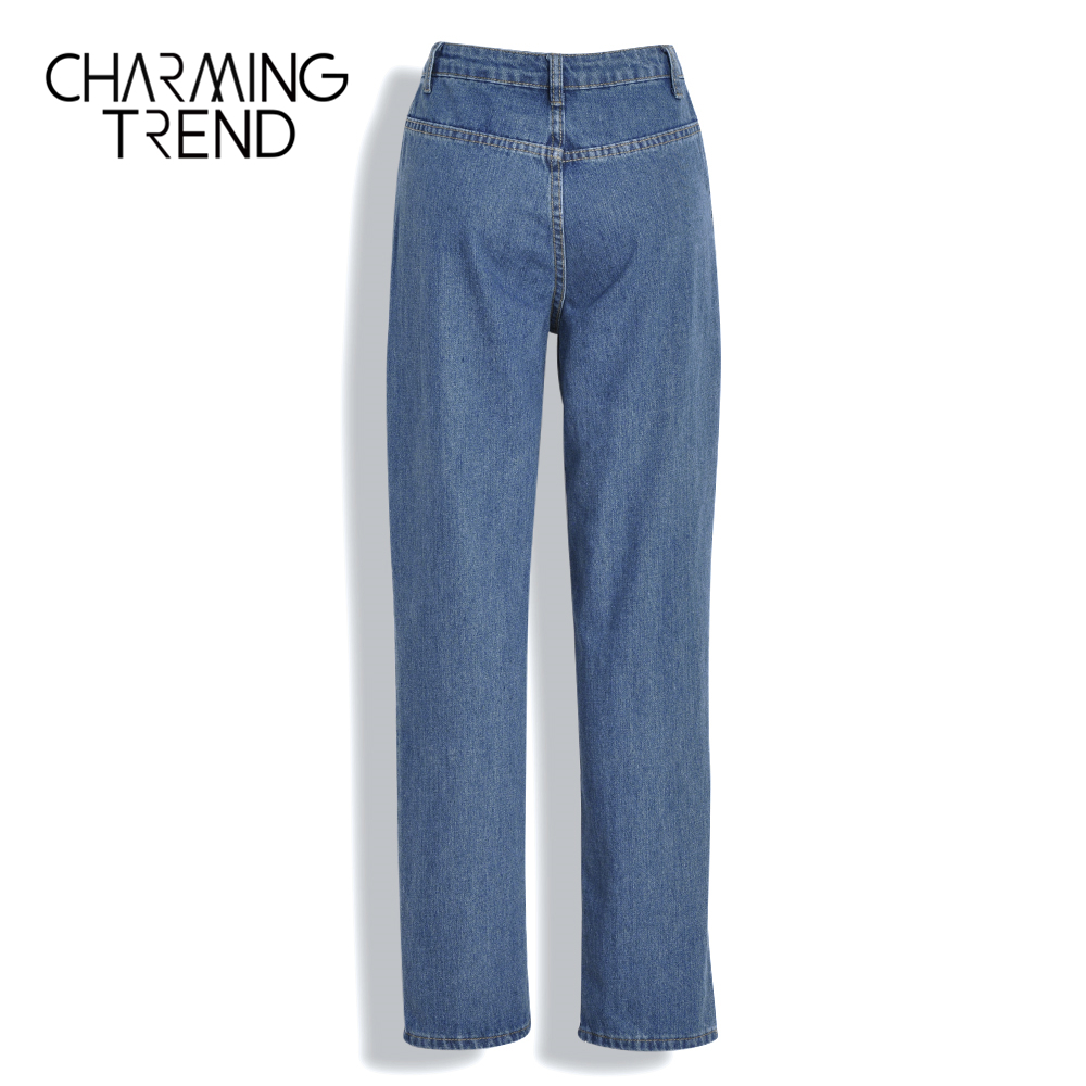 Charmingtrend Women's embroidered jeans Chic New mid-waist pocket Casual Denim pants straight girl jeans trousers blue 201106