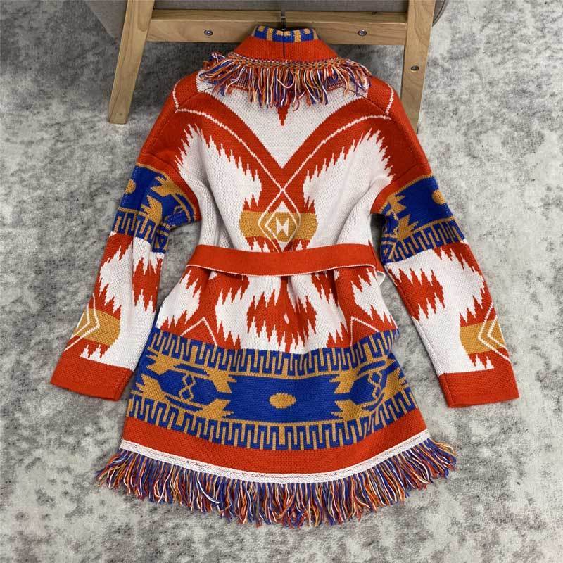 Boho Inspired Cashmere jacquard cardigan for women fringed trims long sleeve cardigan sweater coat winter belted sweater women 201017