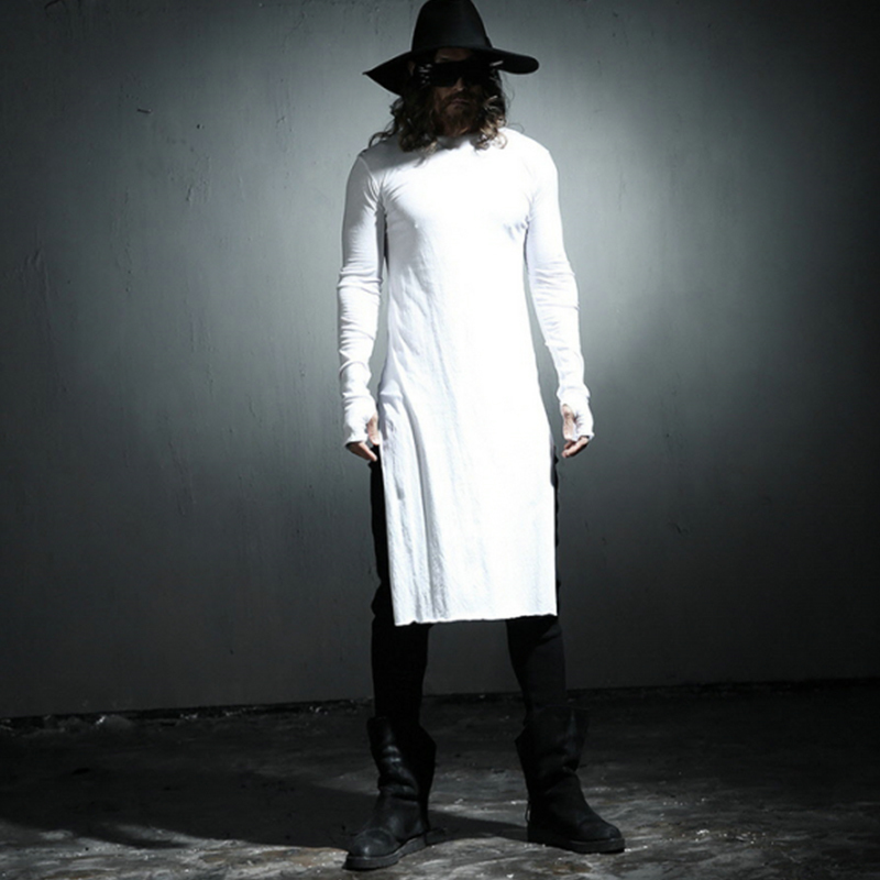 Mens spring and autumn solid color round neck doublesided open longsleeved super long Tshirt with gloves large size 201116