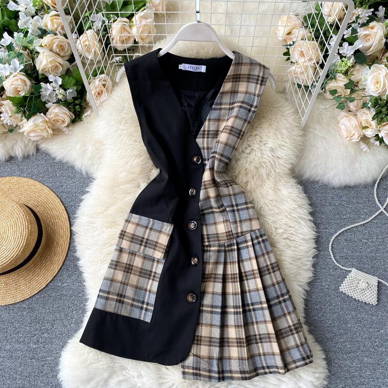 Women Dress 2020 Summer Patchwork Pleated Dress Elegant V Neck Sleeveless Plaid Print Single Breated Short with Pocket, Picture color
Women Dress 2020 Summer Patchwork Pleated Dress Elegant V Neck Sleeveless Plaid Print Single Breated Short with Pocket, Picture color