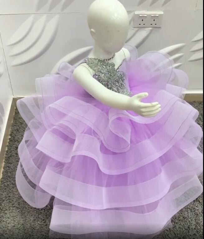Lilac Crystals 2020 Flower Girl Dresses Sheer Neck Tulle Little Girl Wedding Dresses Cheap Communion Pageant Dresses Gowns ZJ646