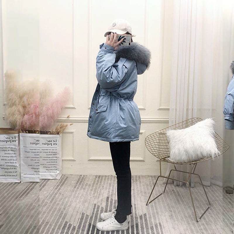 FTLZZ White Duck Down Coat Women Winter Jackets Large Natural Raccoon Fur Hooded Parkas Female Sash Tie Up Warm Snow Outwear 201023