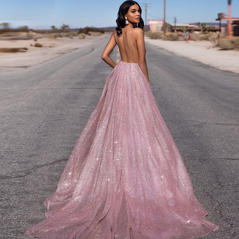 Sexy Pink Sequin Prom Dress With Spaghetti Straps Backless A Line Long Evening Dresses 2022 Deep V Neck Floor Length Formal Dress For African Black Gi