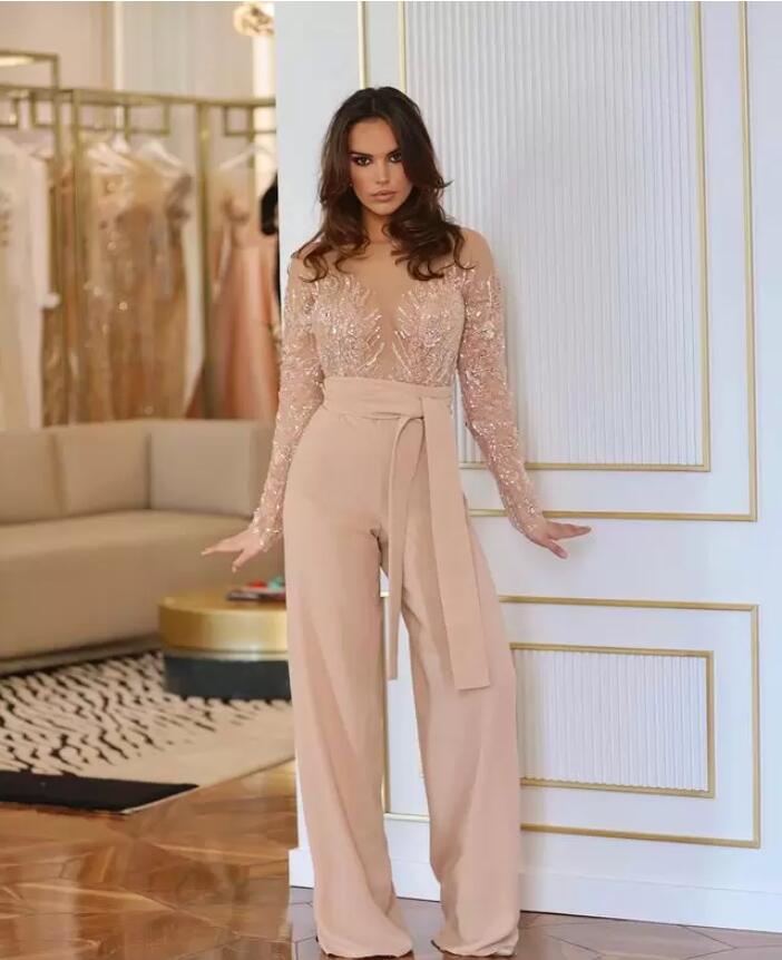 Champagne Jumpsuits Prom Dresses Sheer Neck Chiffon long sleeve Evening Formal Party Second Reception Birthday Engagement Gowns Dress