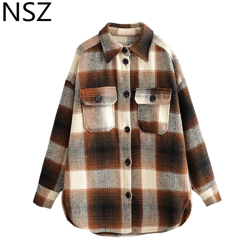 NSZ women plaid wool blouse long sleeve checked oversized woolen shirt turn down collar thick ladies vintage chic top blusa