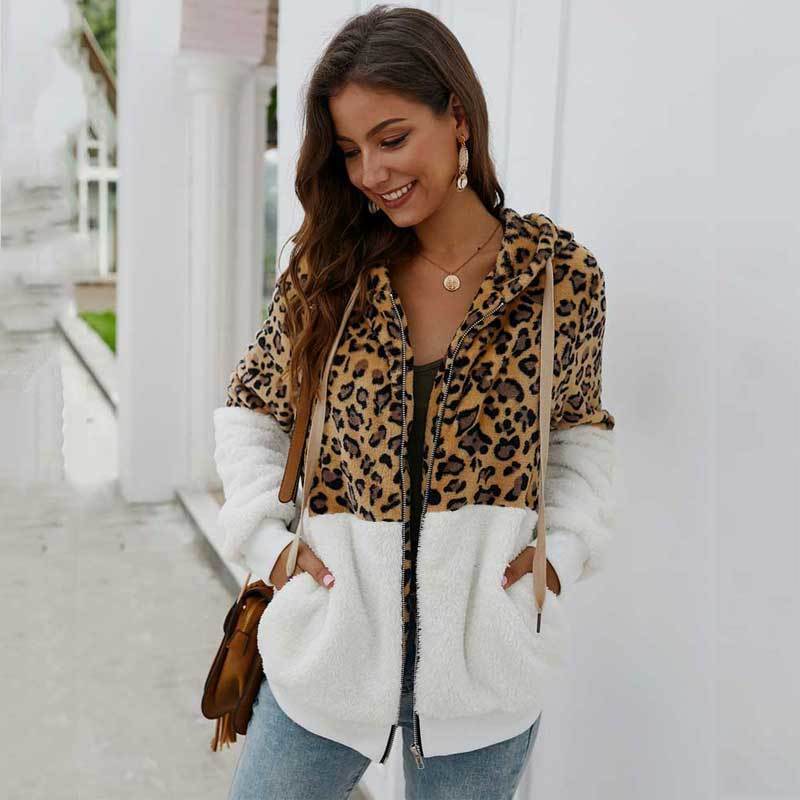 Fashion Leopard Faux Fur Coat Women Teddy Coat Female Leopard Print Plush Teddy Jacket Long Sleeve Fluffy Winter Coat Women 201019