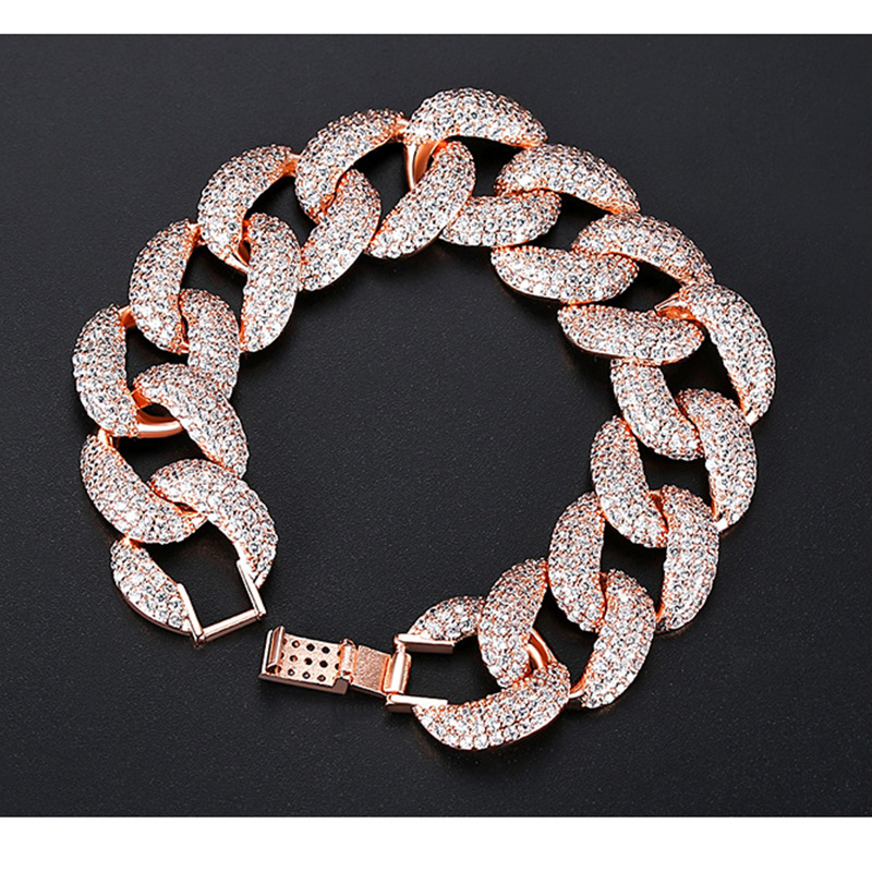 18mm Hip Hop Mens Bling Full Diamond Stone Cuba Chain Bracelet Heavy Thick Platinum Plated Bangle